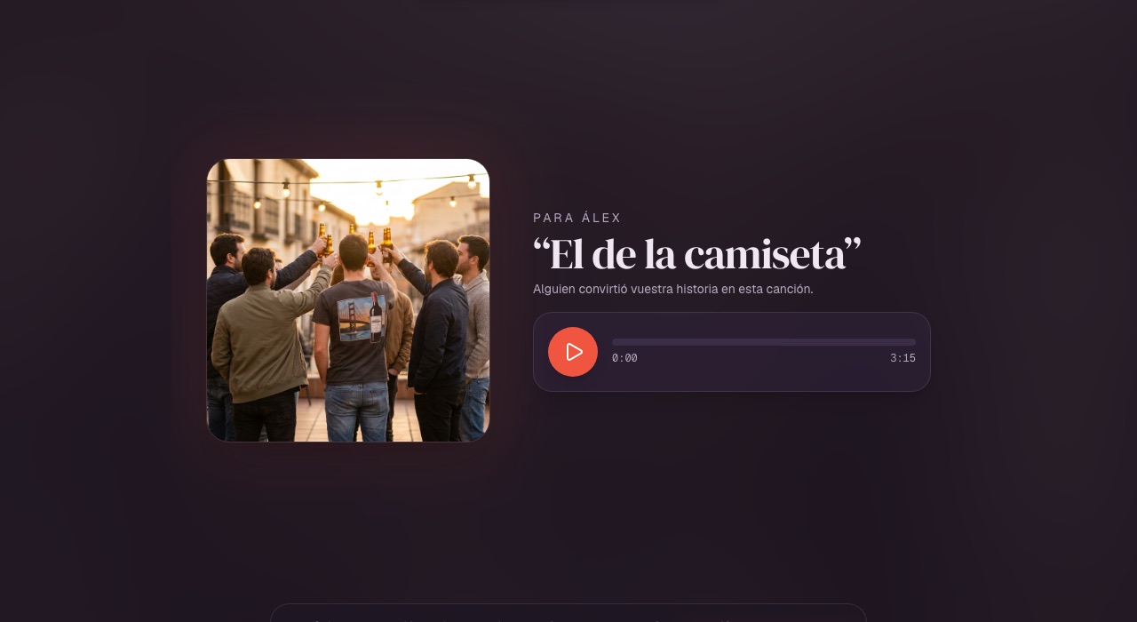 Una página de regalo real creada con Tararea: la canción «El de la camiseta», con su portada y su reproductor